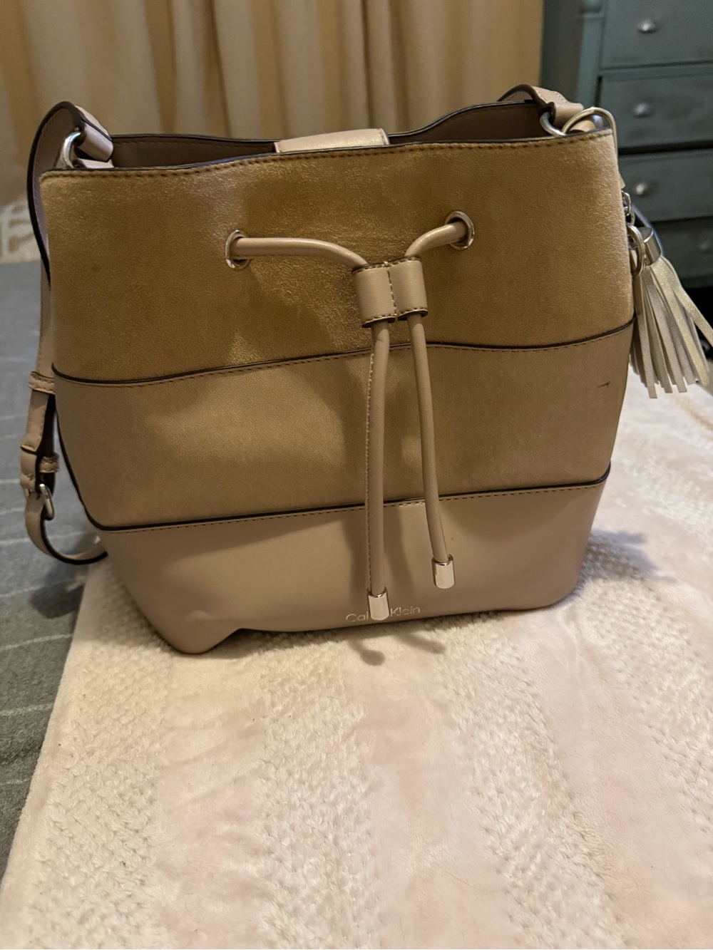Calvin Klein Taupe Beige Drawstring Bucket Shoulder Bag